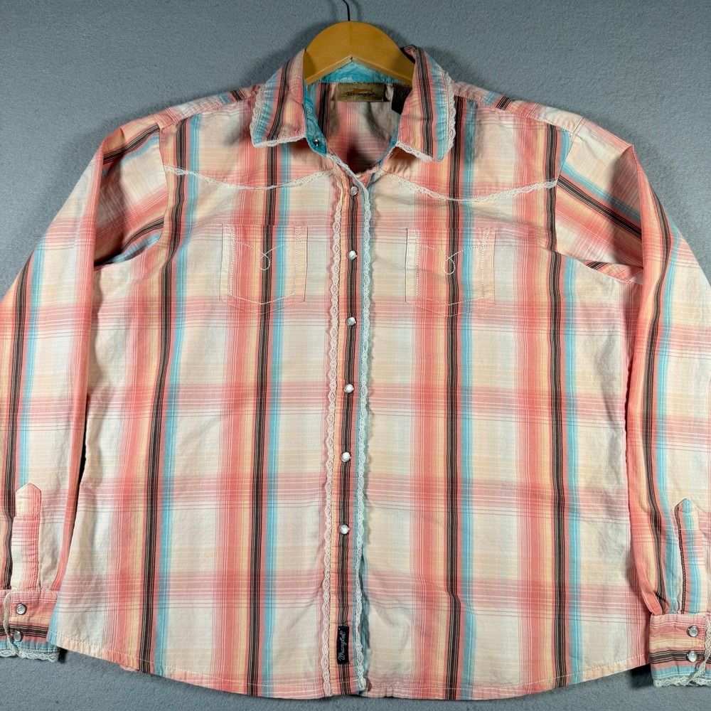 Wrangler Womens XL Plaid Western Snap Shirt Lace Trim Coral Turquoise LW4741M